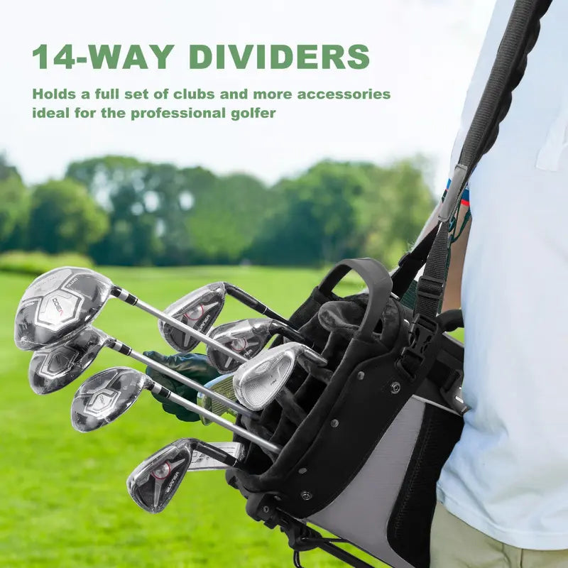 Unisex 14-Way Golf Stand Bag for Tournament Play, 420D Nylon Golf Accessories with Full-Length Dividers, Interchangeable Shoulder Straps, PE Padding, All-Terrain Stand System, Stabilizing Kickstand, Plush-Lined Top, 10-Pocket Storage, Waterproof Cover