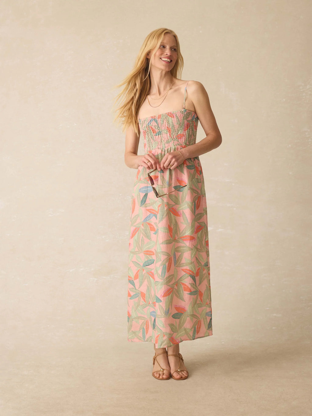 Sunrise Smocked Dress - Watercolor Palms