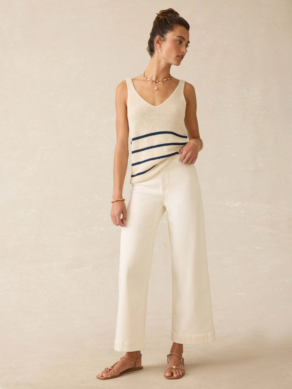 Miramar Linen V-Neck Tank - Sand Cove Stripe