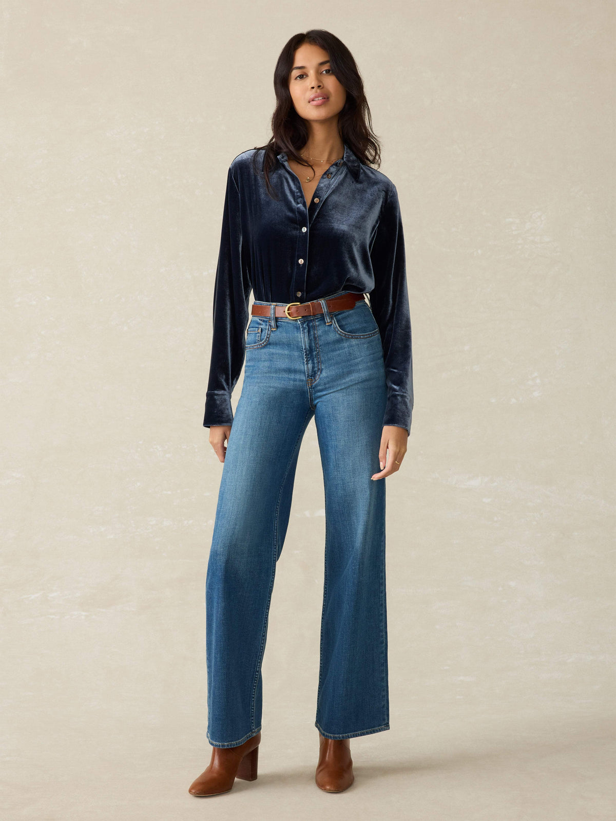 Stretch Silk Velvet Genevieve Shirt - Navy