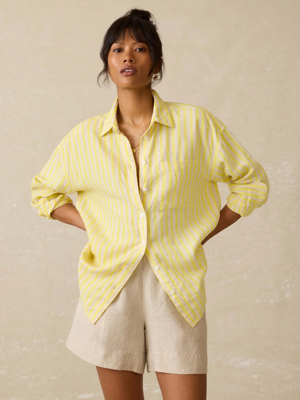 Laguna Linen Relaxed Shirt - Golden Kiwi Lucy Stripe