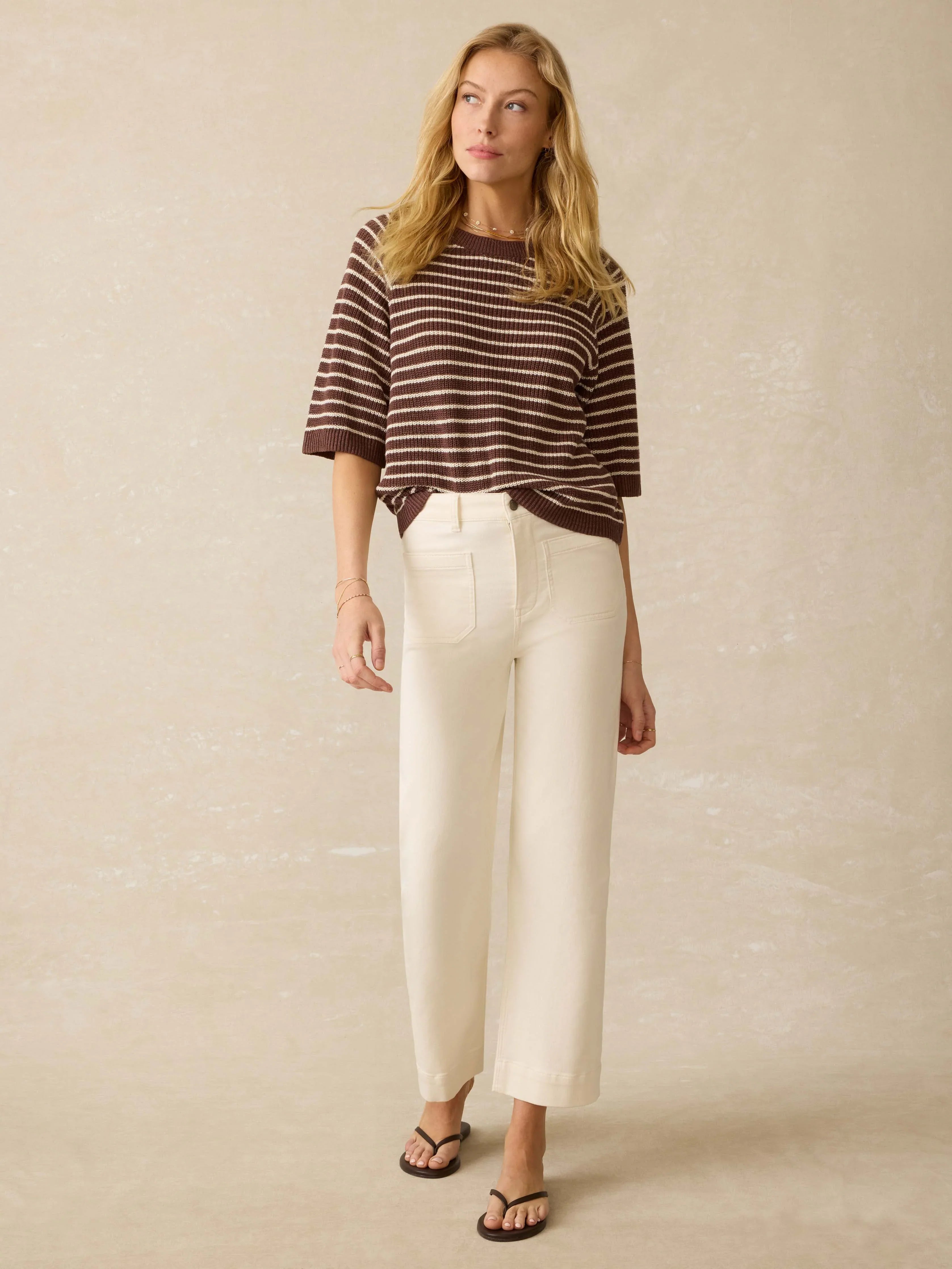 Miramar Linen Sweater Tee - Cocoa Sand Stripe