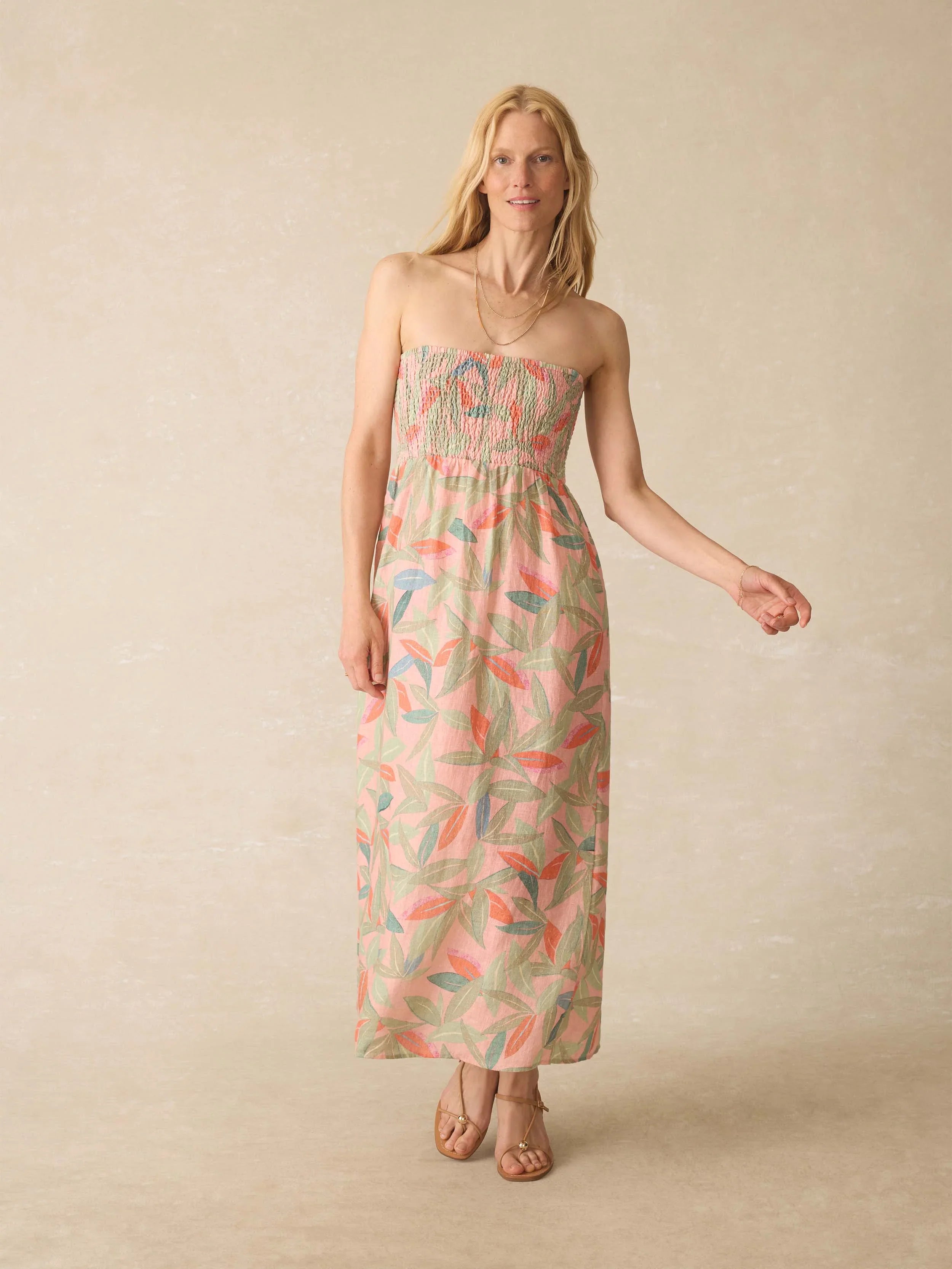 Sunrise Smocked Dress - Watercolor Palms